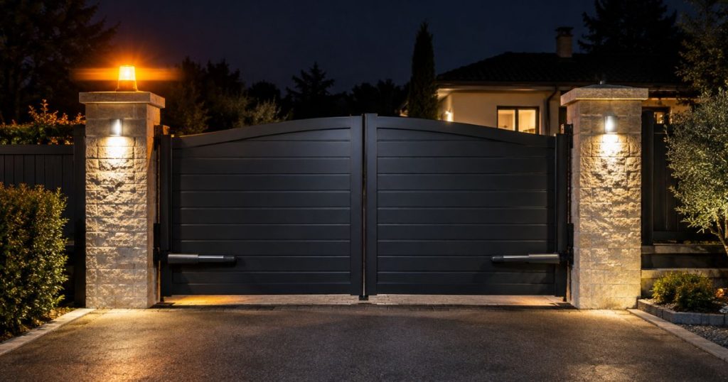 Feu LED clignotant d’un portail motorisé en fonctionnement de nuit, sur une entrée à Argentré
