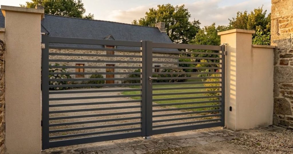 Portail motorisé à Château-du-Loir vu depuis la cour, coffret de commande sur le pilier