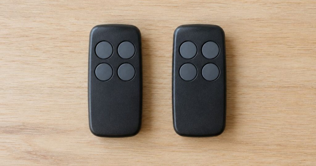 Deux télécommandes 4 voies d’une motorisation de portail posées à plat