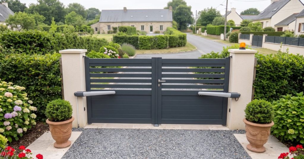Portail motorisé en bas d’une allée longue à Évron, maison éloignée en fond