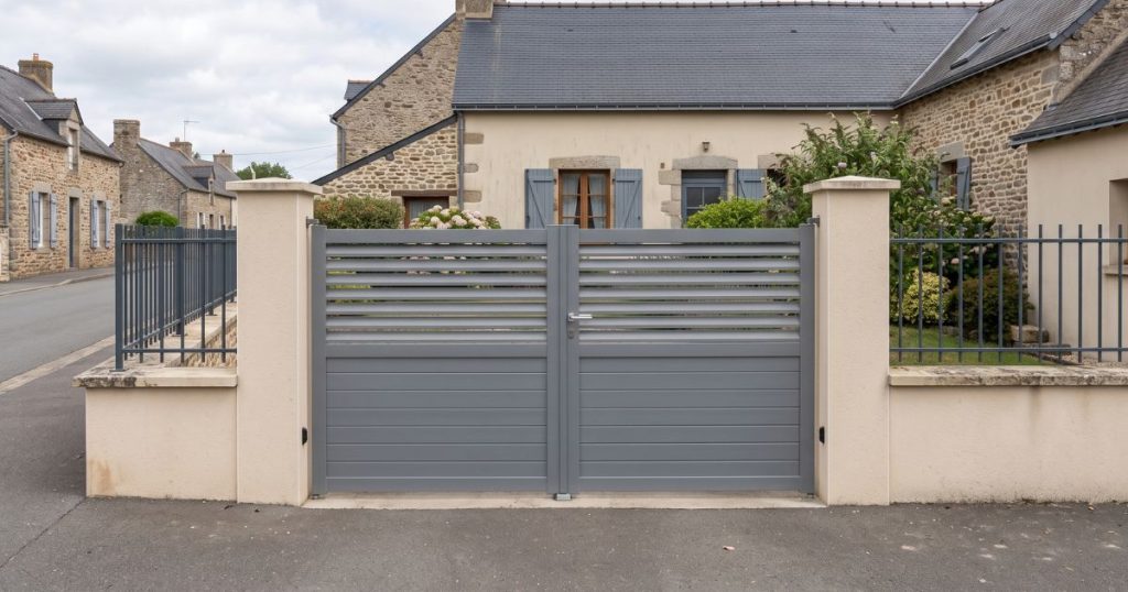 Entrée de rue à Janzé, clôture basse à mur bahut et portail aluminium au même gabarit