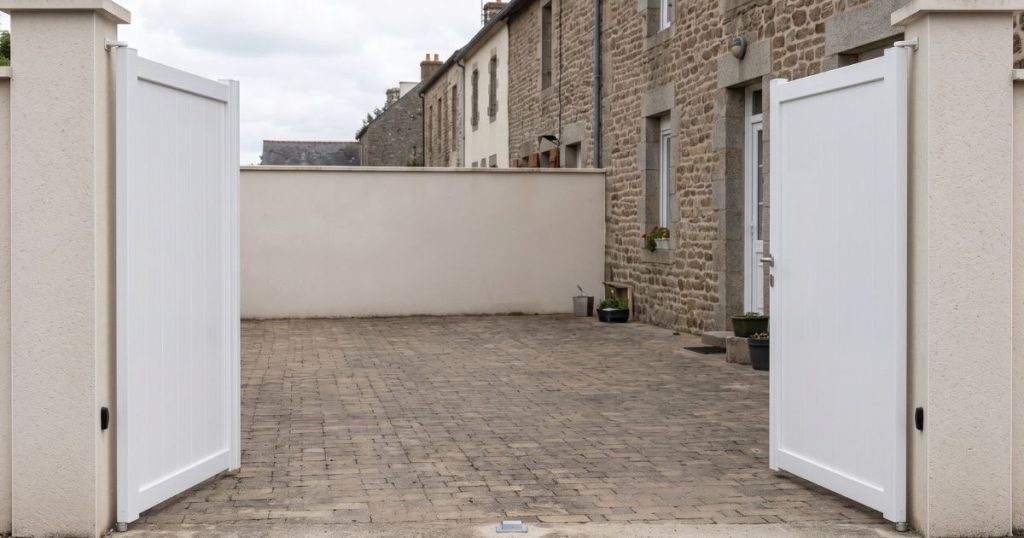 Portail battant motorisé au Mans complètement ouvert, remplissage plein blanc, aucune pièce entre le pilier et le vantail