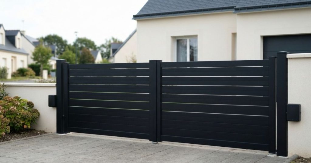 Portail motorisé à Liffré fermé, photocellules en place sur les piliers