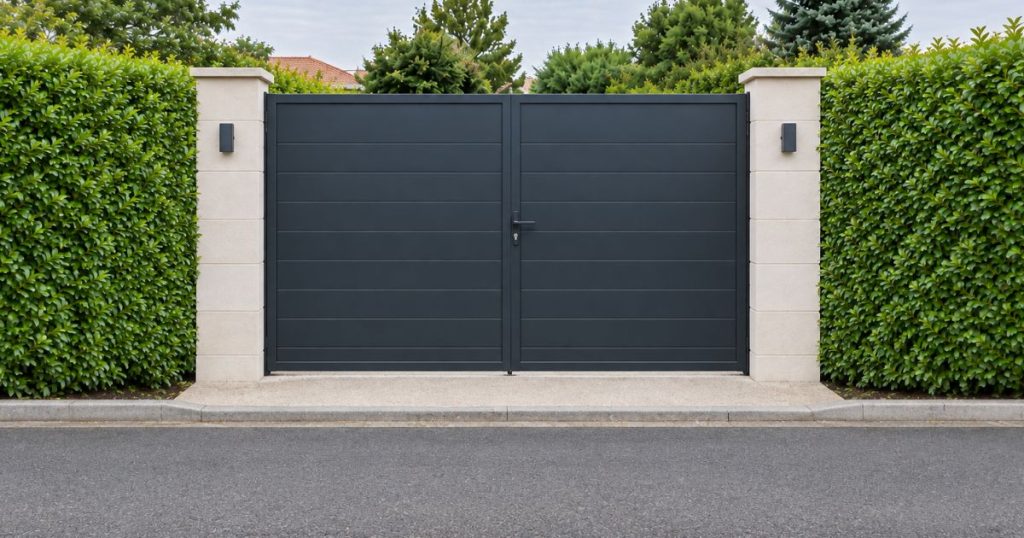 Portail aluminium posé par Kalio Menuiserie à Parné-sur-Roc, vue d’ensemble depuis la rue