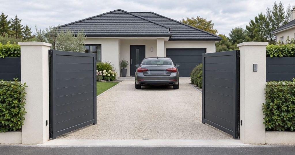 Entrée de maison individuelle à Parné-sur-Roc, portail motorisé fermé sur l’allée privative, par Kalio Menuiserie