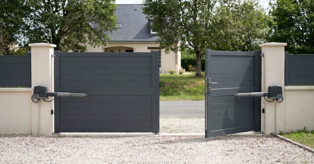 Portail battant à Pré-en-Pail-Saint-Samson, un seul vantail ouvert pour le passage piéton