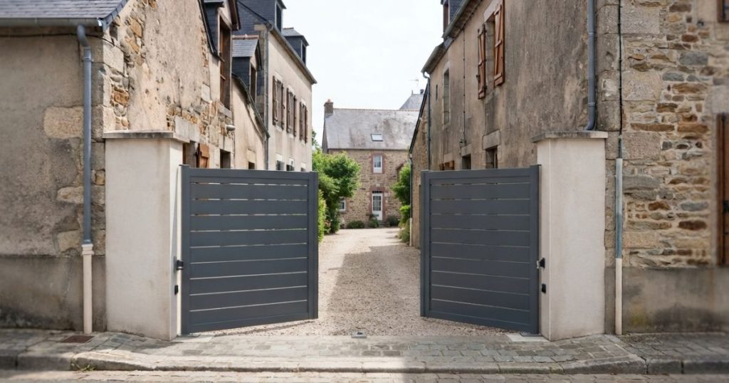Portail motorisé à Rennes ouvert vers l’intérieur, vantaux effacés sans déborder sur la rue