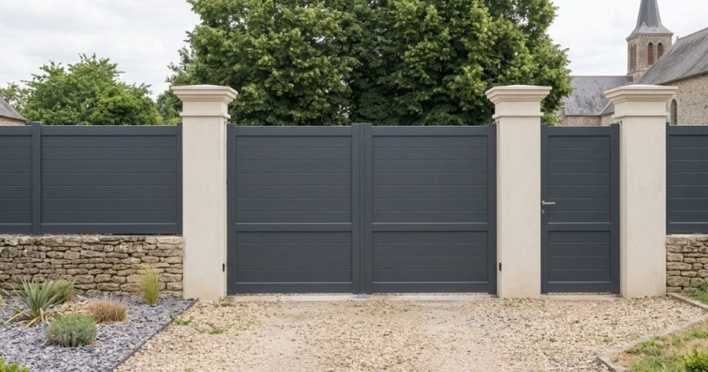 Portail aluminium plein fermé vu depuis la cour à Vaiges, la clôture le prolonge