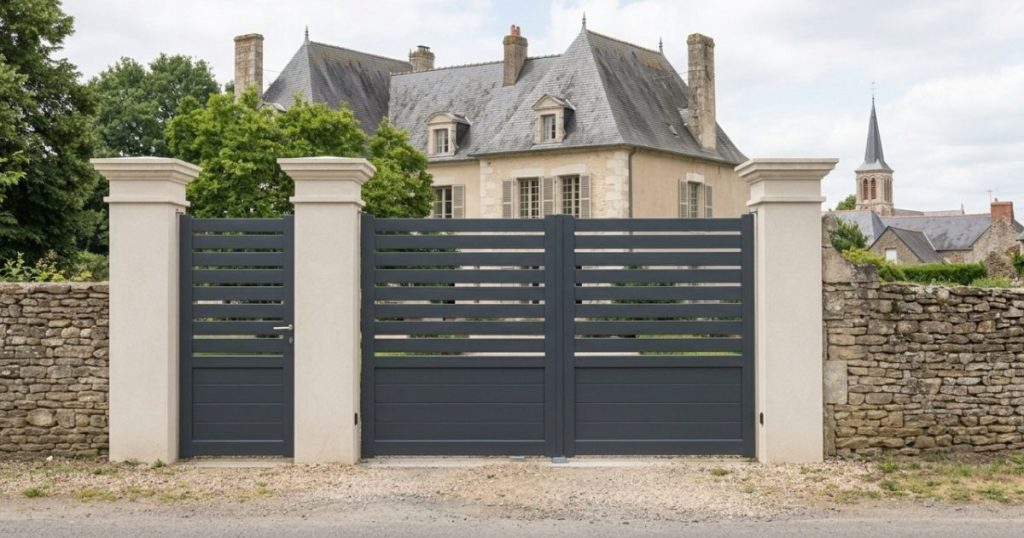 Portillon aluminium assorti posé à côté d’un portail motorisé, accès piéton à Vaiges