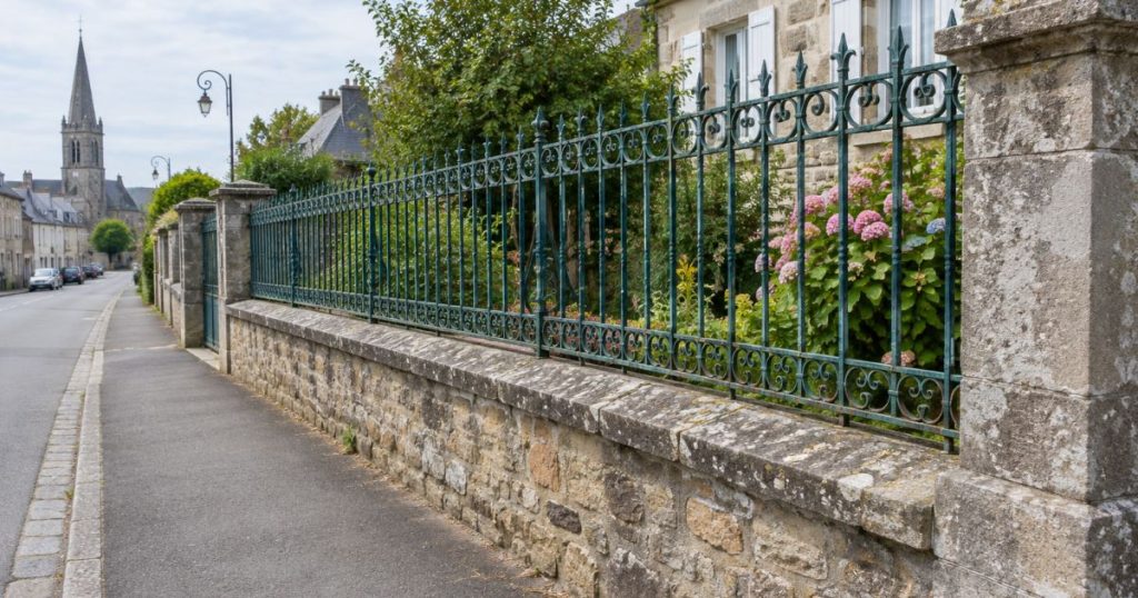 Mur bahut surmonté d’une grille ancienne à Ernée, type de clôture auquel se réfère un portail coulissant neuf