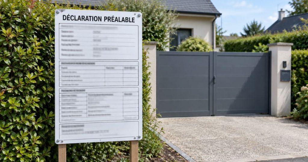 Panneau d’affichage d’une déclaration préalable devant une entrée, avant la pose d’un portail à Meslay-du-Maine