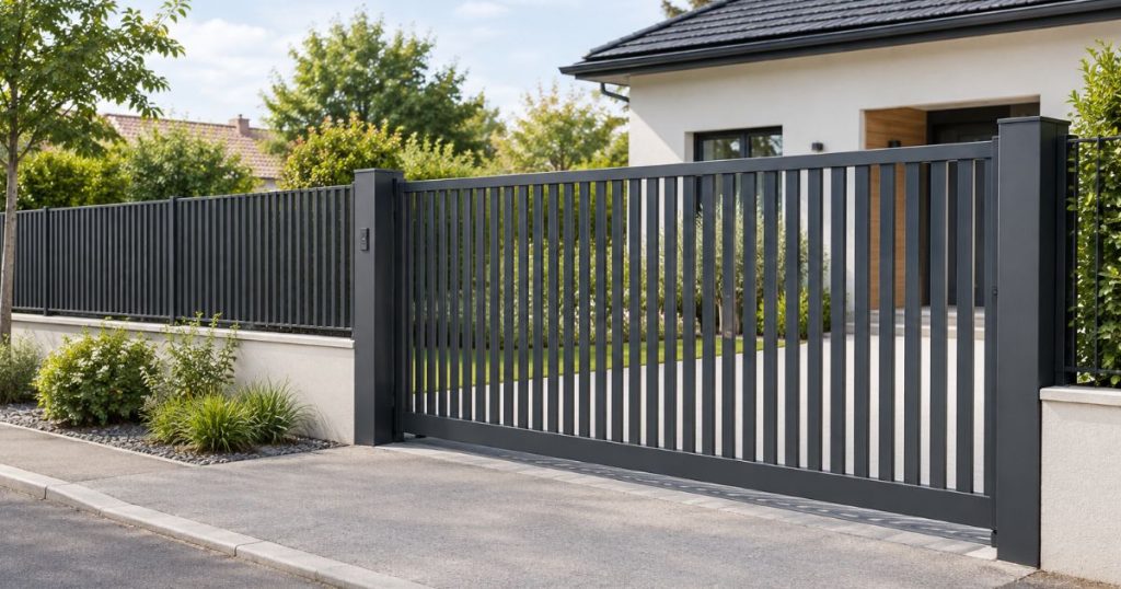 Portail aluminium ajouré à barreaudage vertical à L’Huisserie posé par Kalio Menuiserie