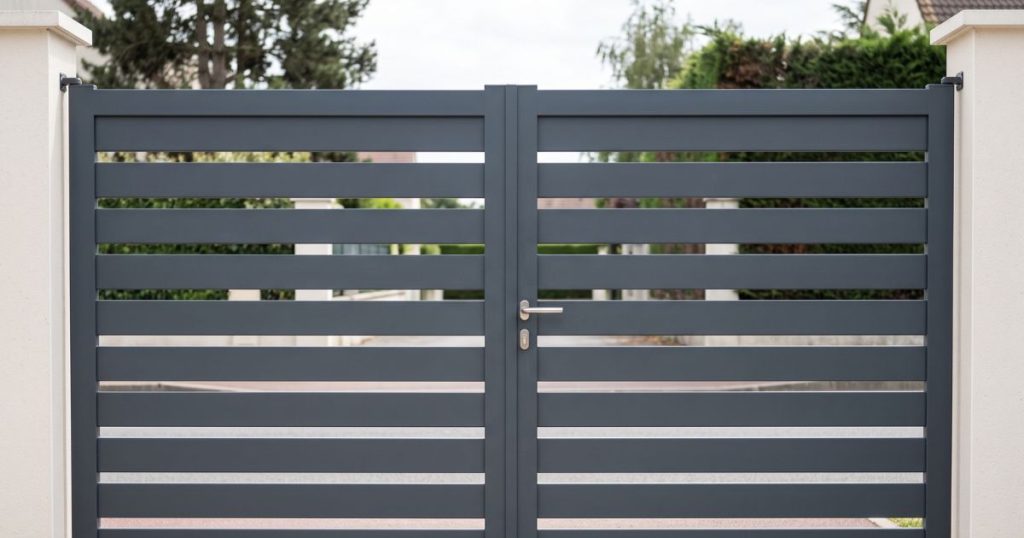 Portail aluminium battant fermé, vu depuis la cour d’une maison d’habitation