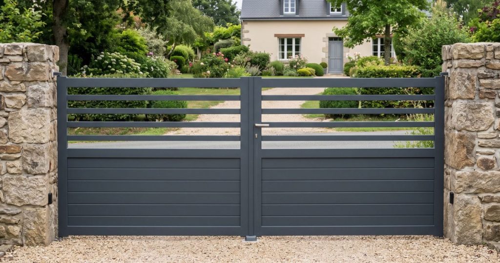 Prix d’un portail aluminium à Bazougers, portail laqué posé vu depuis la propriété