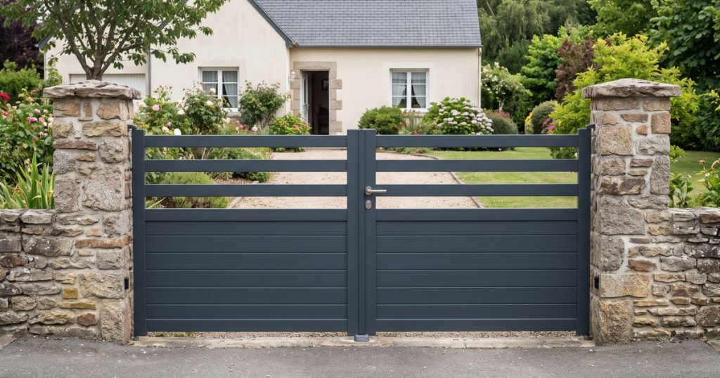 Portail aluminium semi-ajouré gris anthracite installé à Bazougers