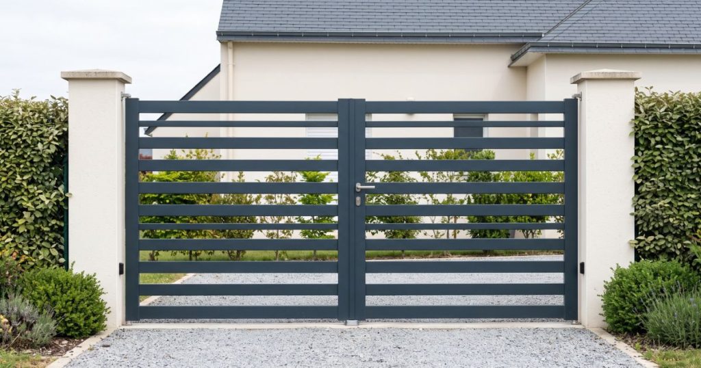 Portail aluminium ajouré posé dans une limite plantée à Bruz