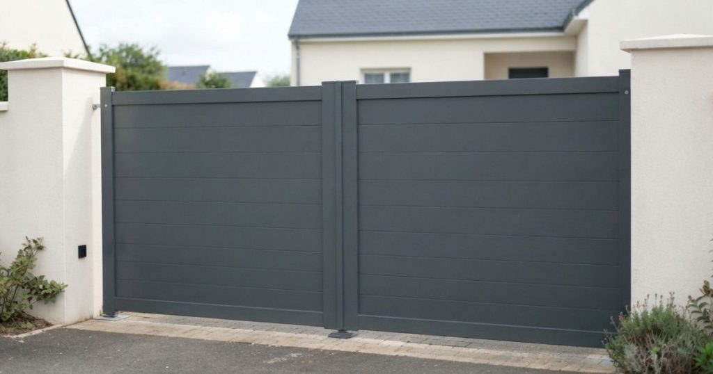 Portail aluminium à remplissage plein posé à Bruz, vu de trois quarts depuis la rue
