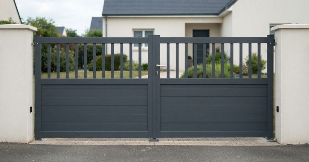  Portail aluminium semi-ajouré posé à Bruz, partie pleine et barreaudage