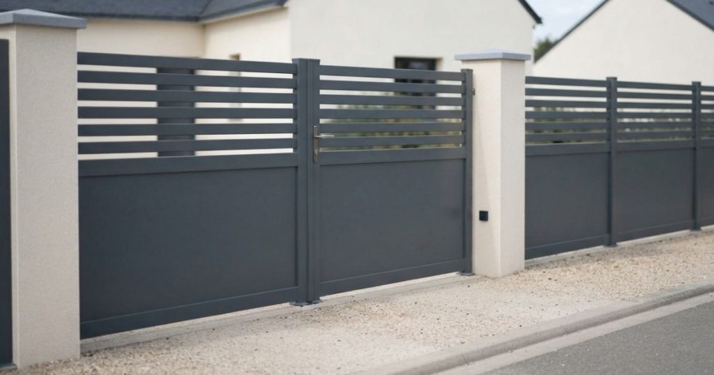 Portail aluminium à Chantepie et clôture assortie, vus de trois quarts depuis la rue