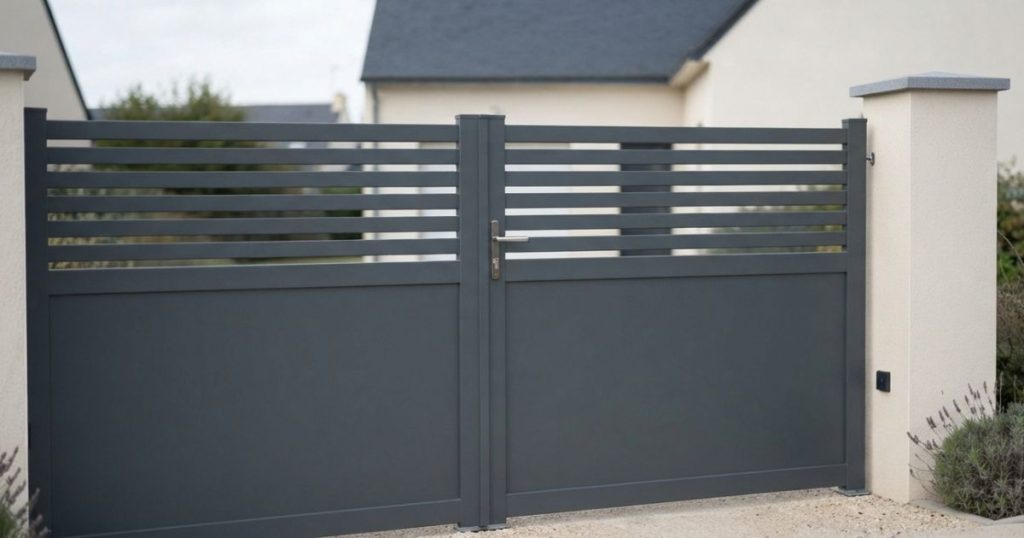 Portail aluminium laqué certifié à Chantepie, teinte homogène sur tout le tablier