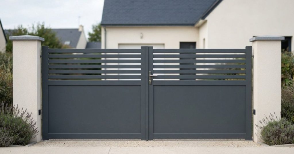 Portail aluminium semi-ajouré gris anthracite à Chantepie, vue de face depuis la rue