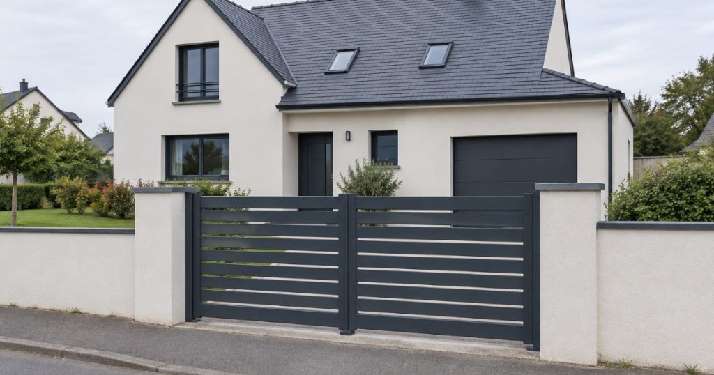 Portail aluminium de Chartres-de-Bretagne et façade du pavillon dans le même cadre
