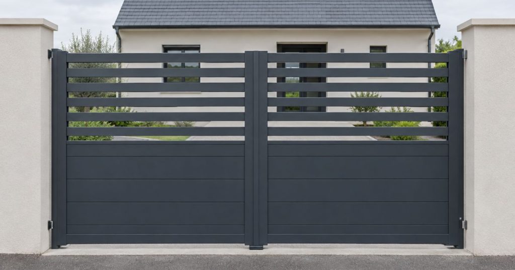 Portail aluminium semi-ajouré gris anthracite à Chartres-de-Bretagne, vu de face depuis la rue