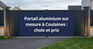 Portail aluminium au laquage mat couvert de gouttes d’eau après une averse, à Coulaines