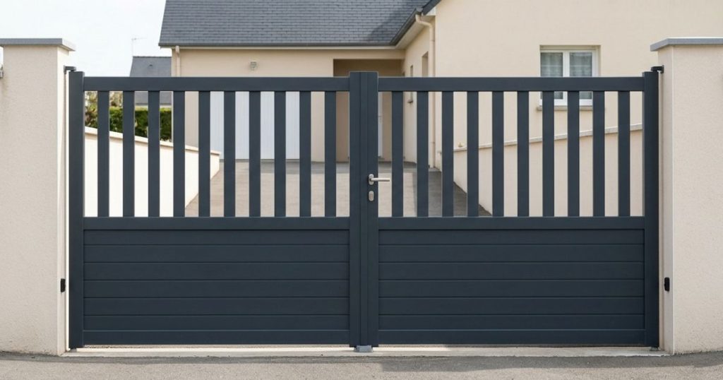 Portail aluminium à Coulaines à remplissage semi-ajouré, fermé, vu depuis la rue