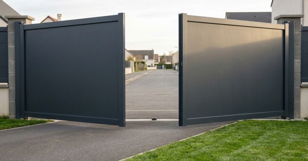 Portail battant aluminium anthracite ouvert vu depuis la propriété à Coulaines, teinte homogène sur les deux vantaux