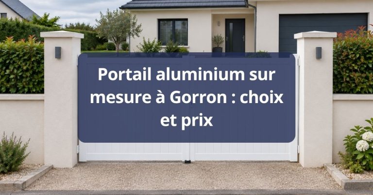 Portail aluminium semi-ajouré gris anthracite fermé, vue de face depuis la rue, à Gorron