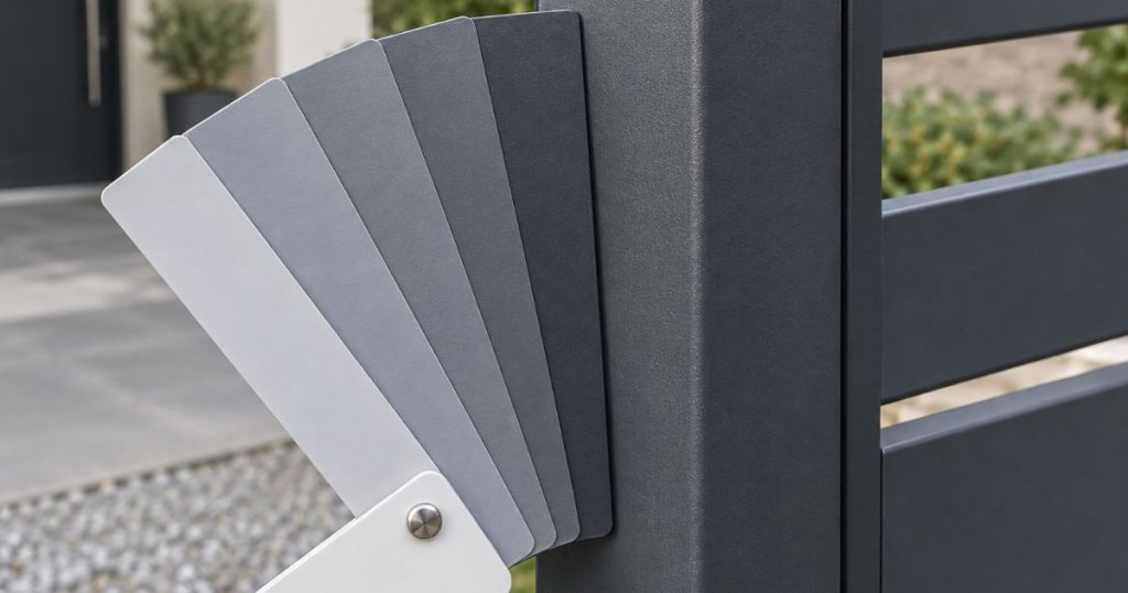 Nuancier RAL posé contre le montant d’un portail aluminium à Gorron, comparaison de teintes, par Kalio Menuiserie