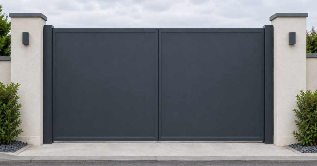 Portail aluminium sur mesure à Gorron, remplissage plein assurant l’occultation totale depuis la rue