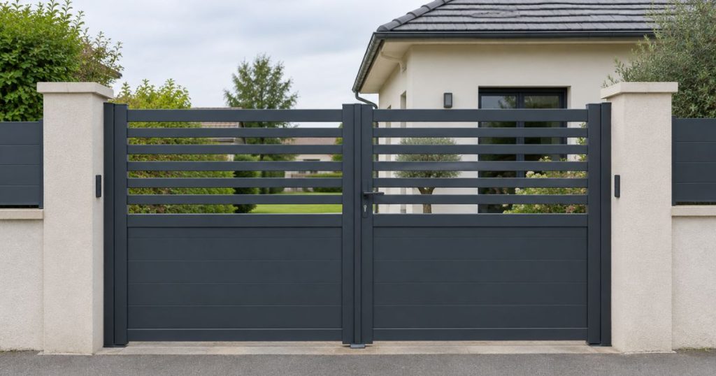 Portail aluminium semi-ajouré gris anthracite à Gorron, vue de face depuis la rue, par Kalio Menuiserie