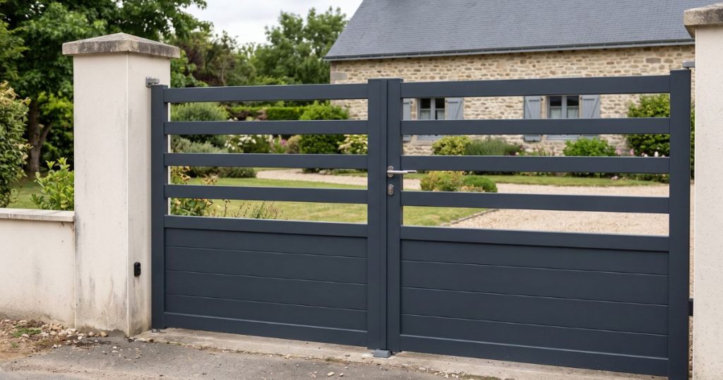 Portail aluminium sur mesure à Juvigné, laquage certifié intact après plusieurs années