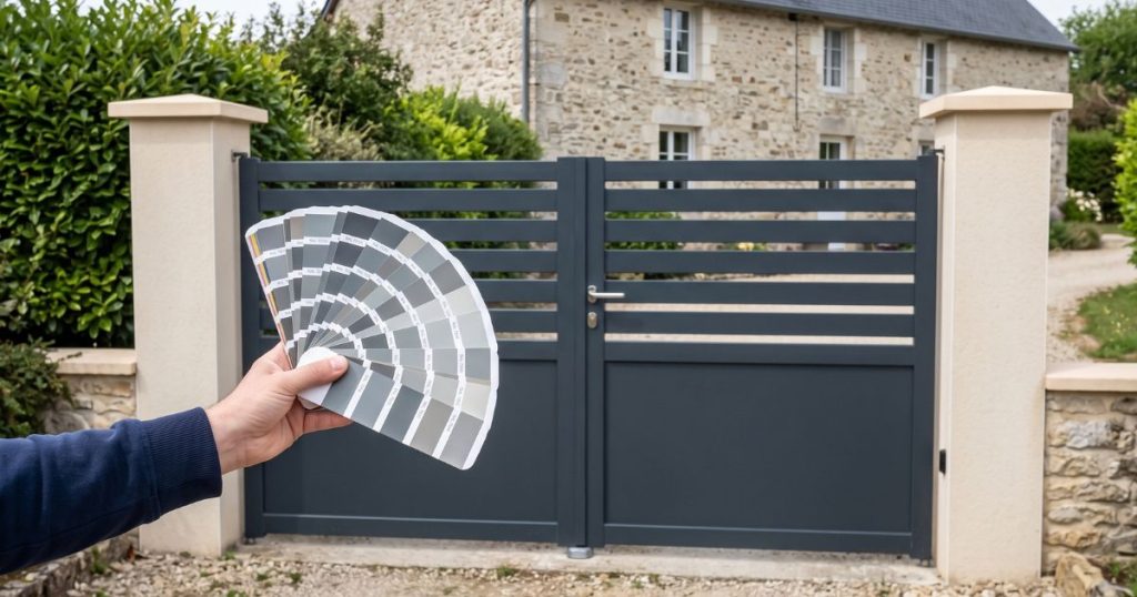 Nuancier RAL comparé sur un montant de portail aluminium à Juvigné