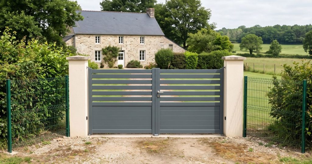 Portail aluminium semi-ajouré gris anthracite posé à Juvigné