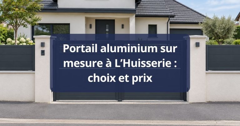 Portail aluminium semi-ajouré gris anthracite fermé, vue de face depuis la rue, à L’Huisserie