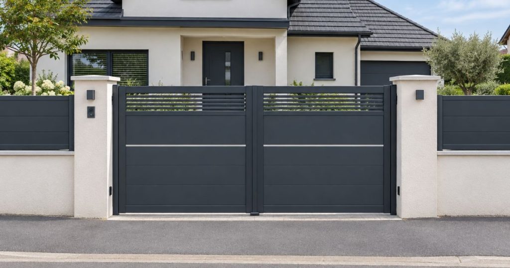 Portail aluminium posé par Kalio Menuiserie à L’Huisserie, vue d’ensemble depuis la rue
