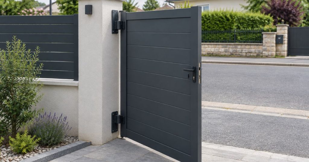 Portail aluminium sur mesure à L’Huisserie, vantail ouvert reposant sur sa quincaillerie
