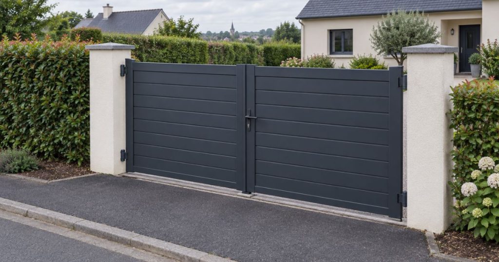 Portail aluminium posé par Kalio Menuiserie à Loiron-Ruillé, vue d’ensemble depuis la rue