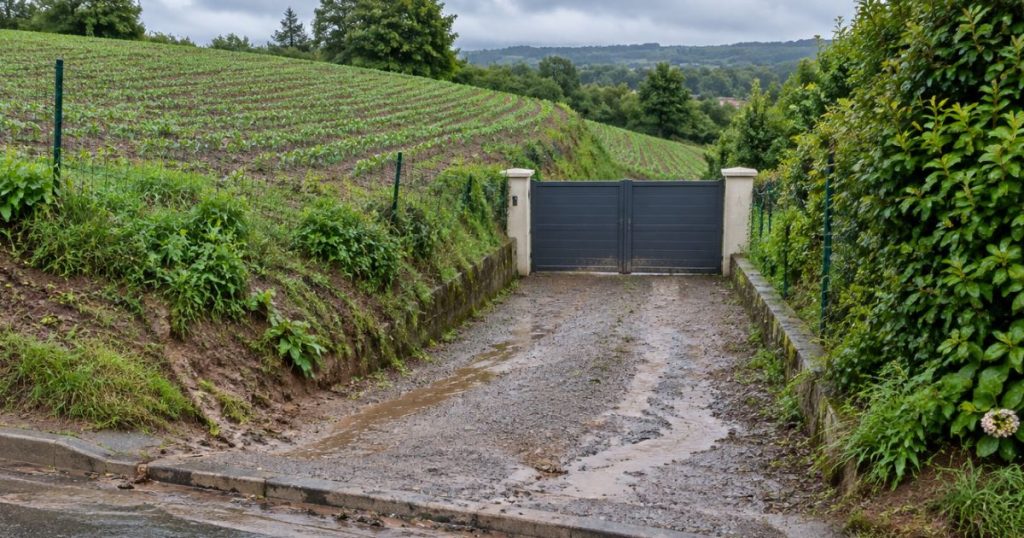 Portail aluminium sur mesure à Loiron-Ruillé, entrée en contrebas d’une parcelle cultivée