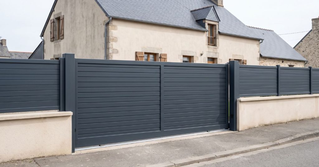 Portail aluminium coulissant devant une maison d’habitation, vu depuis la rue