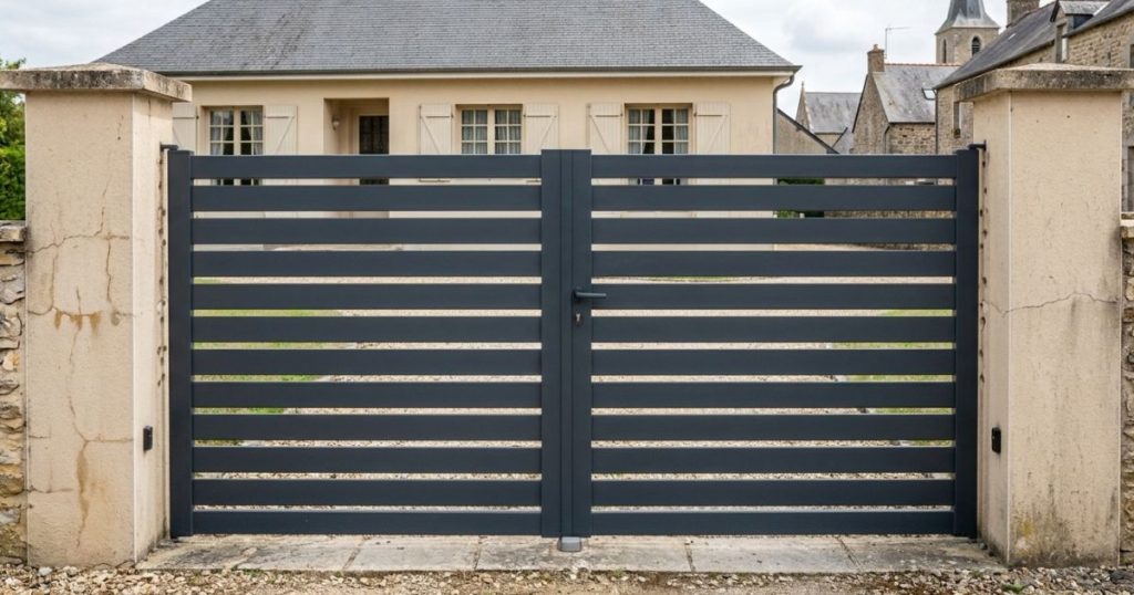 Portail aluminium neuf posé sur les piliers conservés à Villiers-Charlemagne