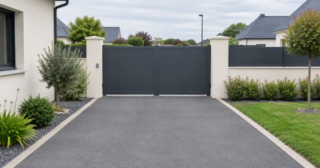 Portail aluminium fermé vu depuis la propriété à Noyal-Châtillon-sur-Seiche, l’allée au premier plan