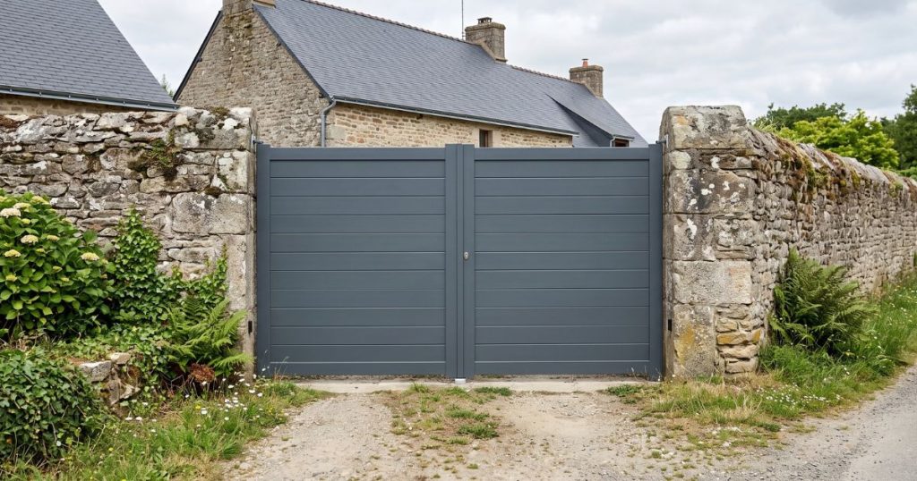 Entrée de longère fermée par un portail aluminium, mur de pierre de part et d’autre
