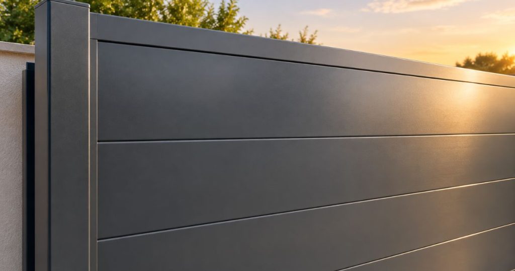 Remplissage plein laqué d’un portail aluminium sur mesure à L’Huisserie par Kalio Menuiserie