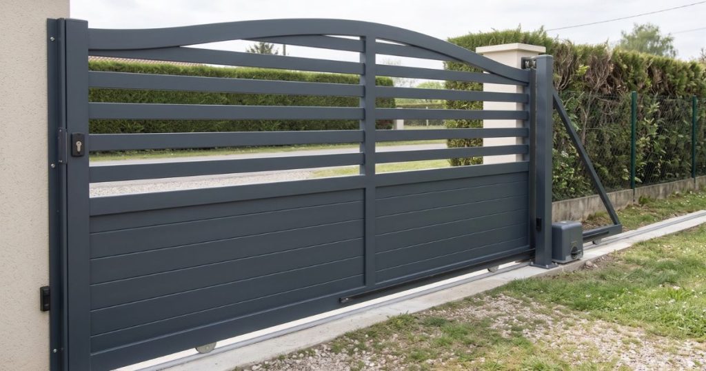 Portail aluminium sur mesure à Saint-Ouën-des-Toits, traverse haute cintrée vue depuis la propriété