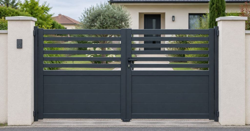 Portail aluminium sur mesure à Loiron-Ruillé, portail semi-ajouré anthracite fermé vu depuis la rue