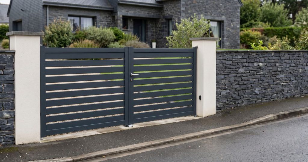 Portail aluminium anthracite fermé devant un mur de schiste ardoisier, à Trélazé - visuel Kalio Menuiserie